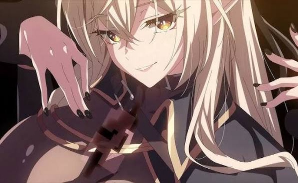 Anime character with pink and white hair, golden eyes, wearing dark outfit with red accents