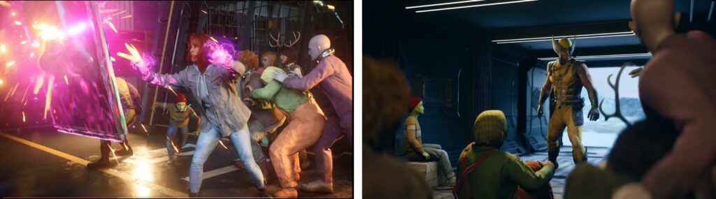Wolverine video game characters in spacecraft interior scene on PS5