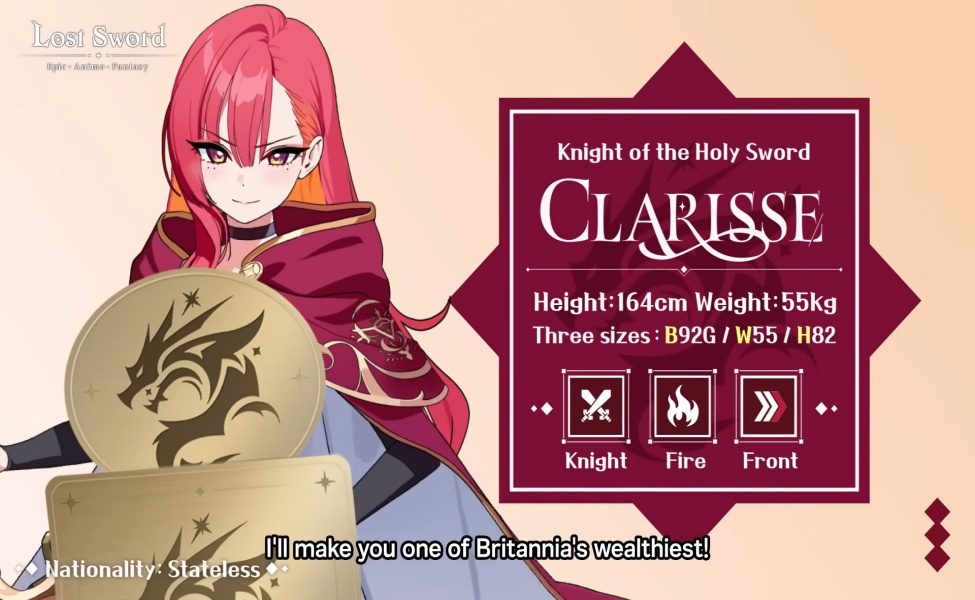 Clarisse Knight of the Holy Sword character profile with stats and abilities