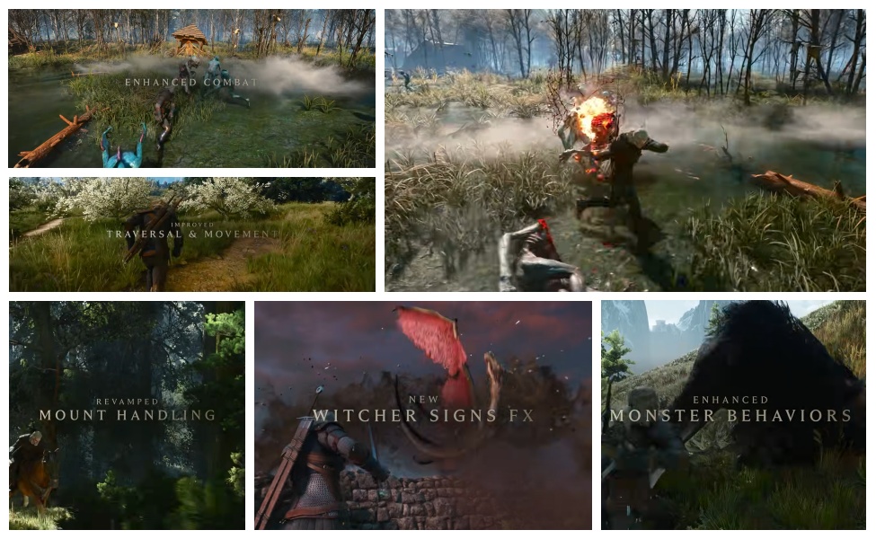 Combat and systems comparison showcasing enhanced combat, traversal, Witcher Signs effects
