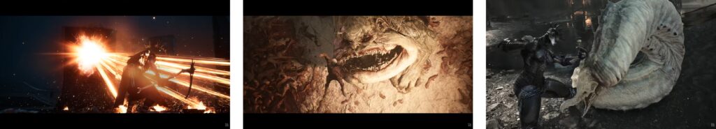 Combat scene from Mortal Shell showing character fighting creature in underground cavern