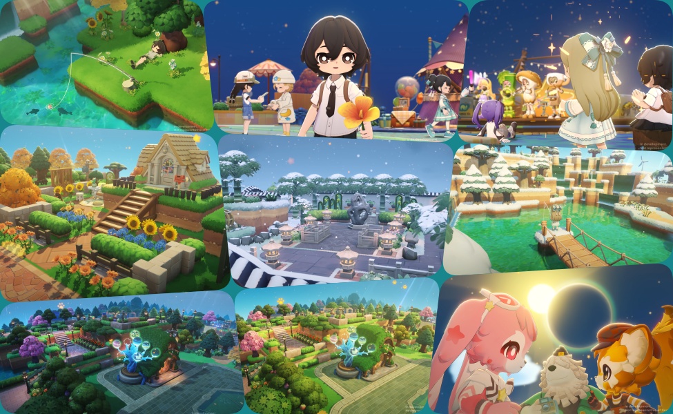 Petit Planet gameplay screenshots showing village building, farming, character customization