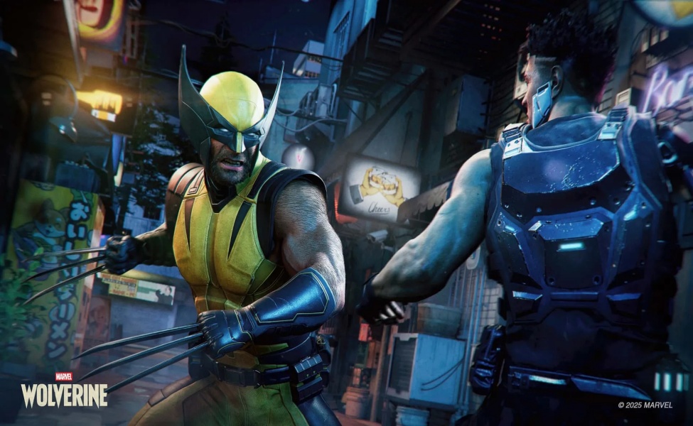 Wolverine in yellow and blue suit facing opponent in futuristic urban setting from Marvel's