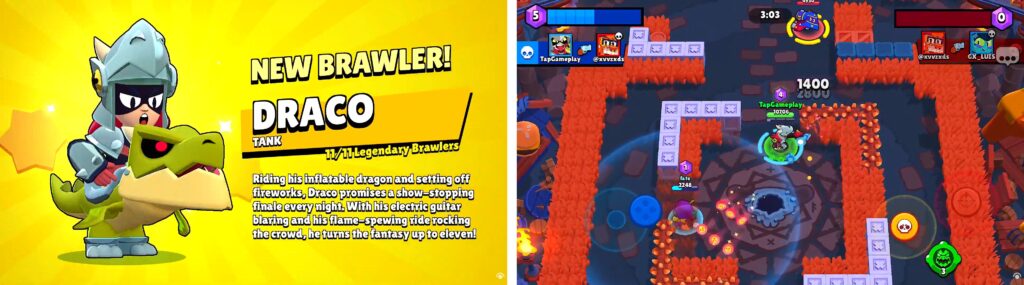 Draco Tank brawler gameplay in Brawl Stars arena battle