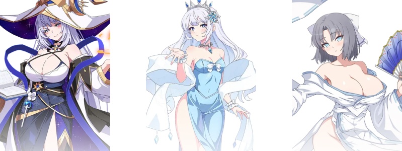 Three anime female characters in elegant fantasy outfits demonstrating elemental burst team