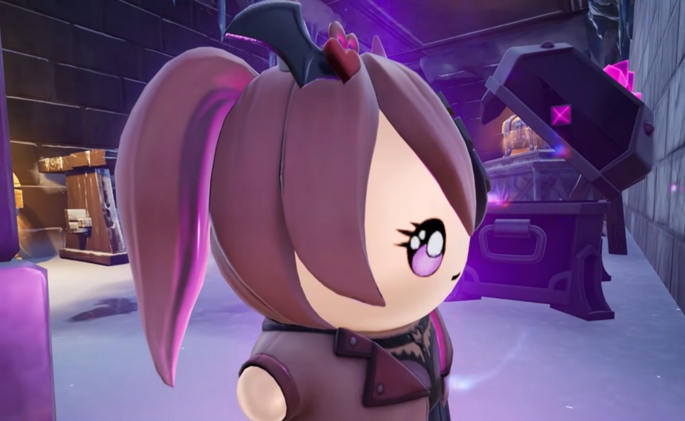 Animated character with brown hair and pink bow in futuristic purple-lit setting