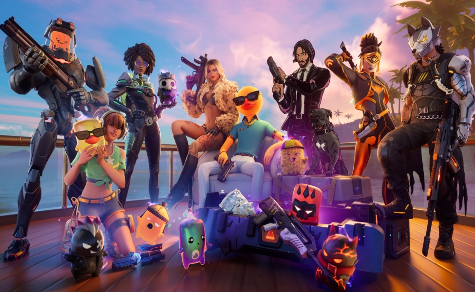 Fortnite Chapter 7 Season 3 character roster and weapons displayed on an island platform