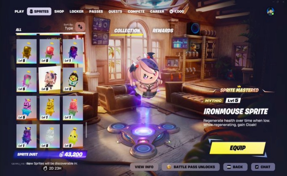 Fortnite Ironmouse Sprite stats screen showing mythic level 5 character with HP regeneration ability