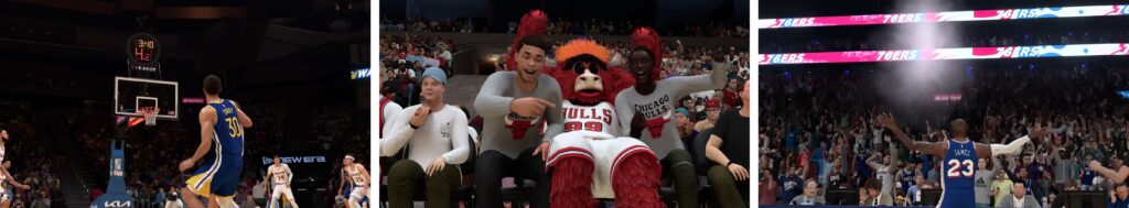 NBA 2K27 gameplay showing player shooting with dunk meter during match