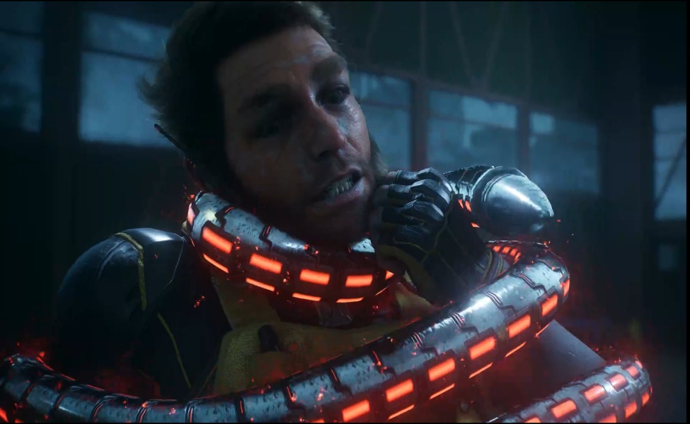 Man in advanced suit with glowing orange circuitry in dark sci-fi environment