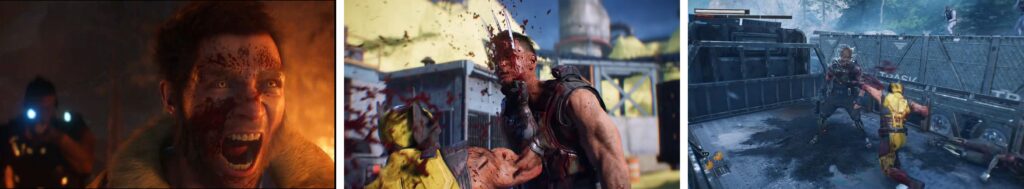 Wolverine gameplay showing intense combat with blood effects on PS5