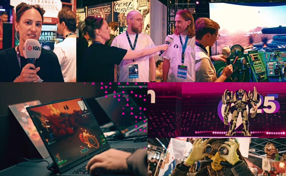 Gamescom expo attendees and staff demonstrating gaming hardware and discussing new game titles at