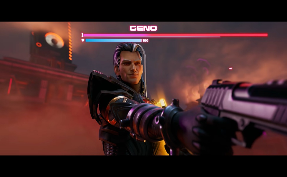 Geno character in Fortnite Chapter 7 Season with weapon and health bar