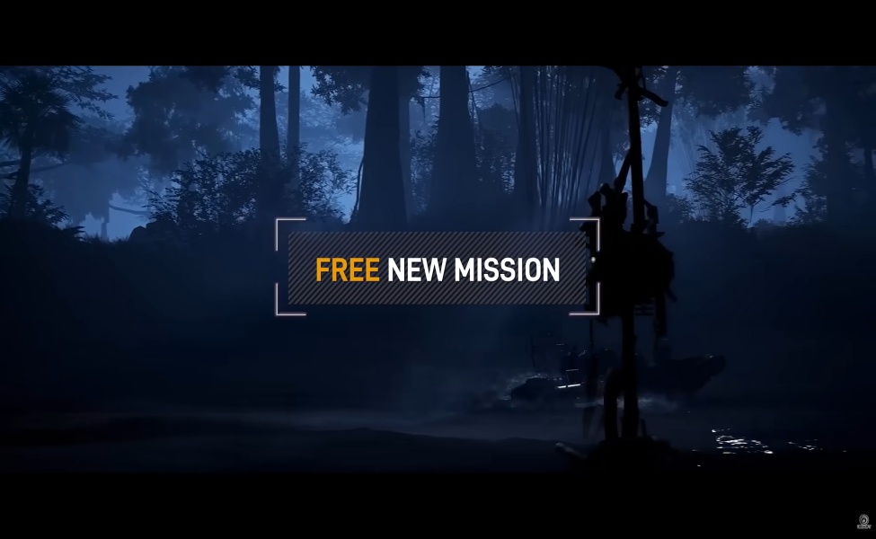 Silhouetted figure holding weapon in misty forest with free new mission overlay text