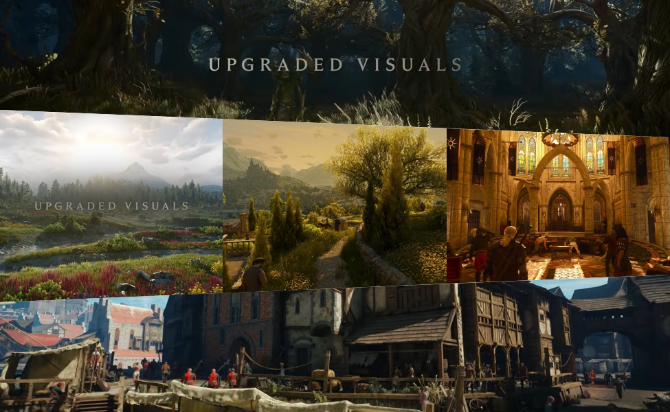 Upgraded visual comparison showing fantasy landscape and medieval architecture enhancements in witcher 3 remastered