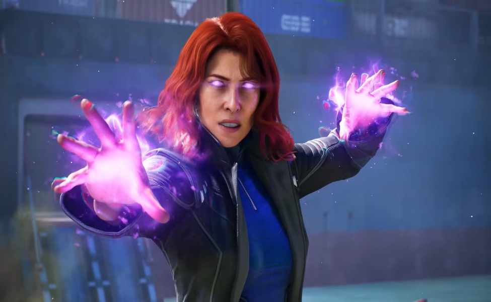 Woman with red hair wielding purple magical energy powers in futuristic setting