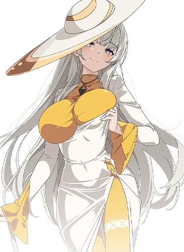 Anime character with long silver hair wearing yellow and white outfit with wide-brimmed hat