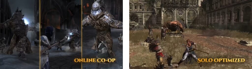 War in the North gameplay comparison showing online co-op versus solo optimized modes