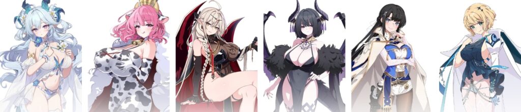 Six anime female characters in fantasy outfits with magical elements and varying hair colors
