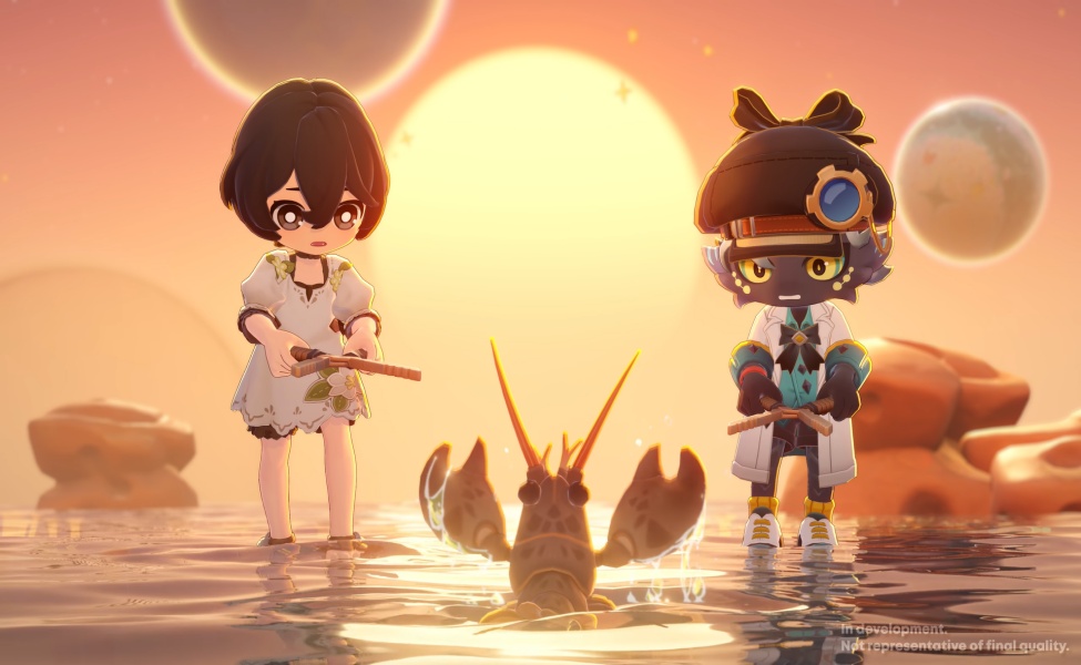 Two anime characters standing in desert landscape with creature in water under glowing sun