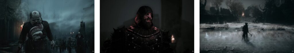 Dark fantasy character in ornate armor standing in shadowy medieval environment from Mortal Shell