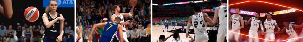 NBA 2K27 gameplay showing multiple basketball scenes with players and courts