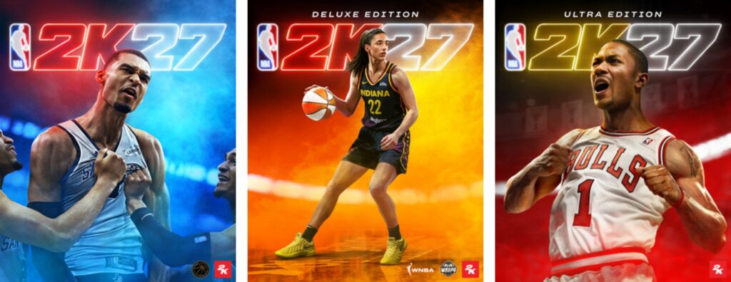 NBA 2K27 standard, Deluxe, and Ultra edition cover athletes in blue, yellow, and red jerseys