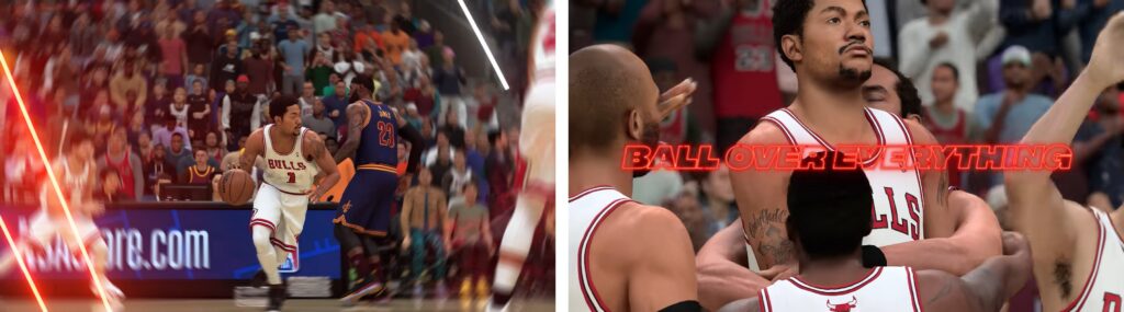 NBA 2K27 gameplay showing Bulls player dribbling against Cavaliers defender in arena