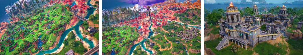 Aerial view of Fortnite Chapter 7 Season 4 map with colorful terrain, rivers