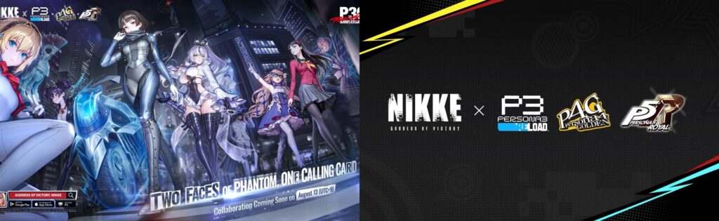 NIKKE x Persona 3 Reload collaboration announcement with anime characters and August 13 release date