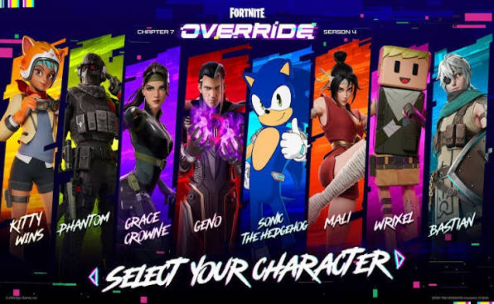 Fortnite Chapter 7 Override Season 4 character selection screen with gaming legends including Sonic