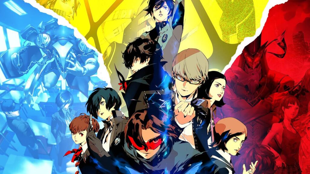 Persona game cast protagonists in stylized anime artwork with blue and red color themes