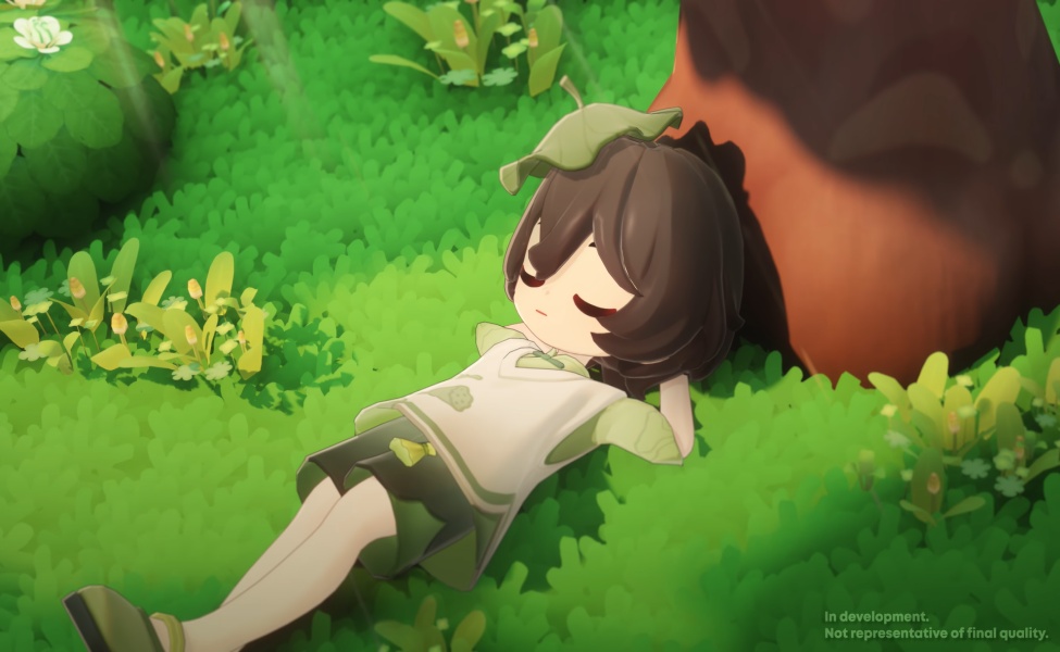 Animated character relaxing on grass in a lush garden environment from Petit Planet gameplay