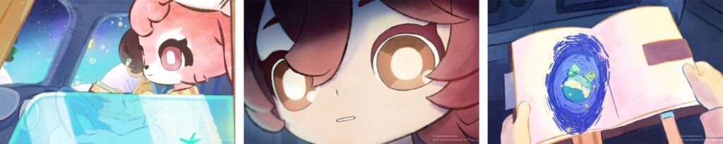 Animated character with brown eyes looking surprised at glowing blue portal in notebook
