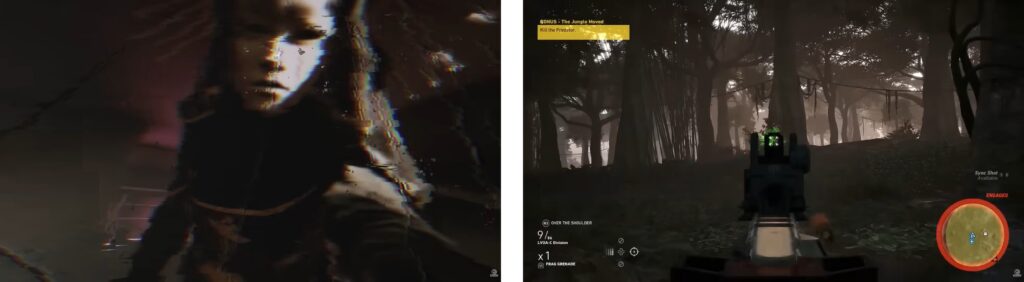 Ghost Recon Wildlands gameplay showing player in misty forest with HUD and radar display