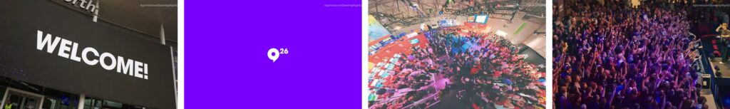Aerial view of Gamescom venue with colorful seating and large crowds gathered for gaming event