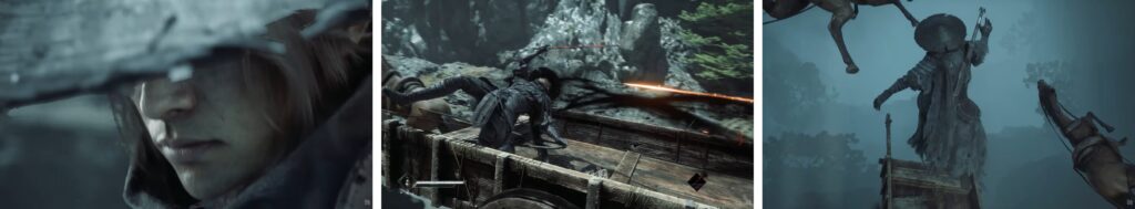 Phantom Blade Zero environments showing dark atmospheric settings with ancient structures and misty