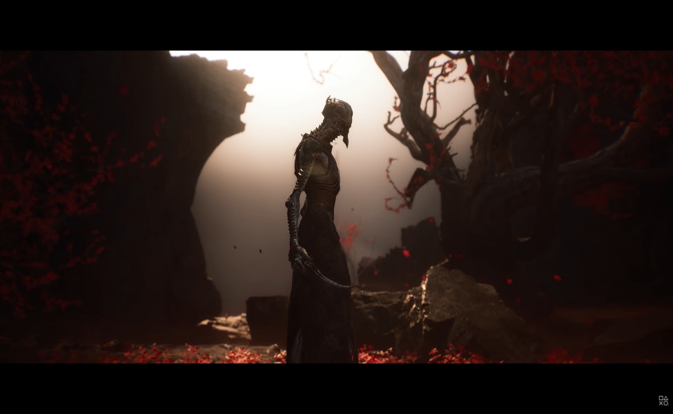 Armored warrior standing in dark forest with glowing light and red atmospheric effects