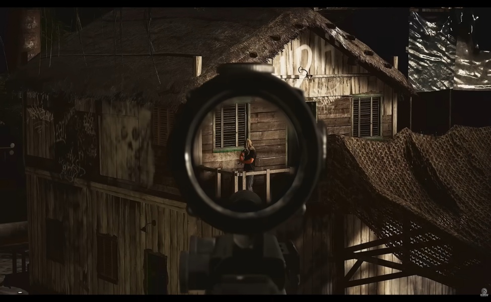 Scoped rifle view targeting a figure near wooden houses in Ghost Recon Wildlands