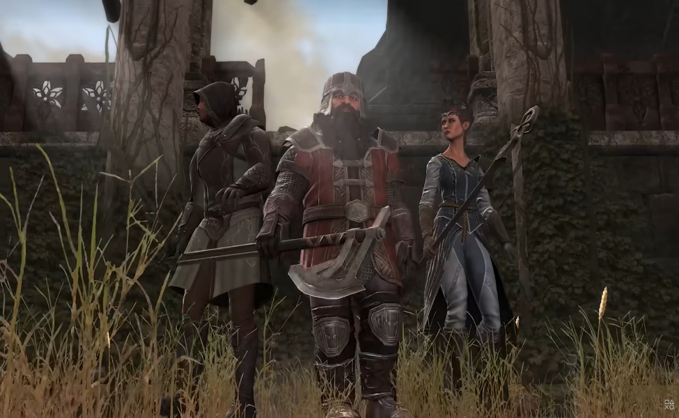Three armored warriors stand in a medieval fortress courtyard in Lord of the Rings War in the North