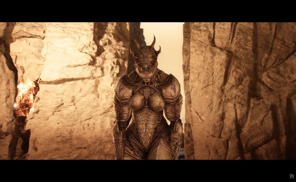 Demonic armored figure with horns standing in ancient stone corridor from Mortal Shell 2