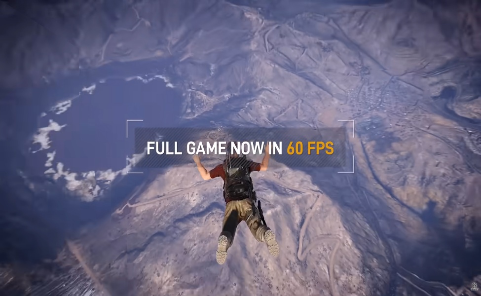 Skydiver freefalling over desert terrain in Ghost Recon Wildlands gameplay at 60 FPS