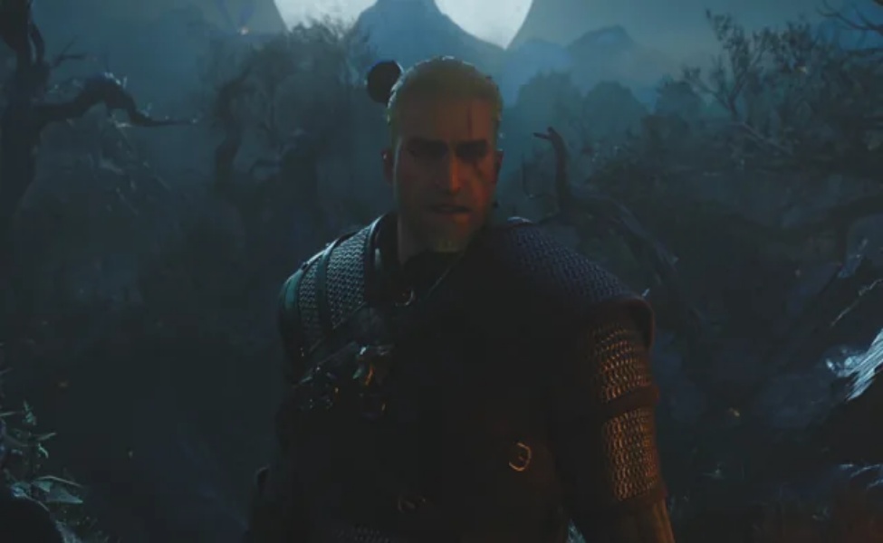 Geralt surrounded by monsters in moonlit forest scene from The Witcher 3 song of the past