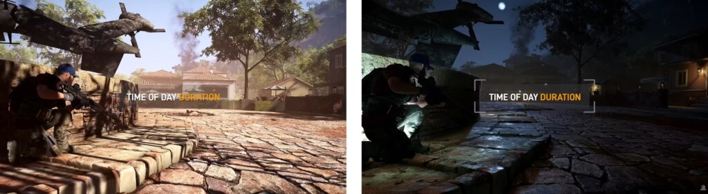 Ghost Recon Wildlands gameplay showing time of day duration settings in daytime and nighttime scenes