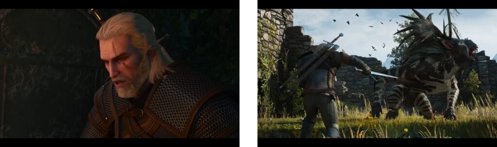 Witcher 3 Remastered trailer scene showing monster combat encounter in outdoor ruins
