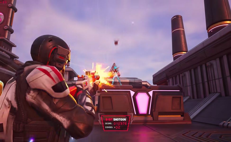 Player wielding 8-bit shotgun in futuristic combat scene with neon UI display
