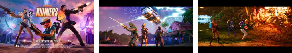 Fortnite Chapter 3 Season 3 gameplay showing characters in tropical island setting with action