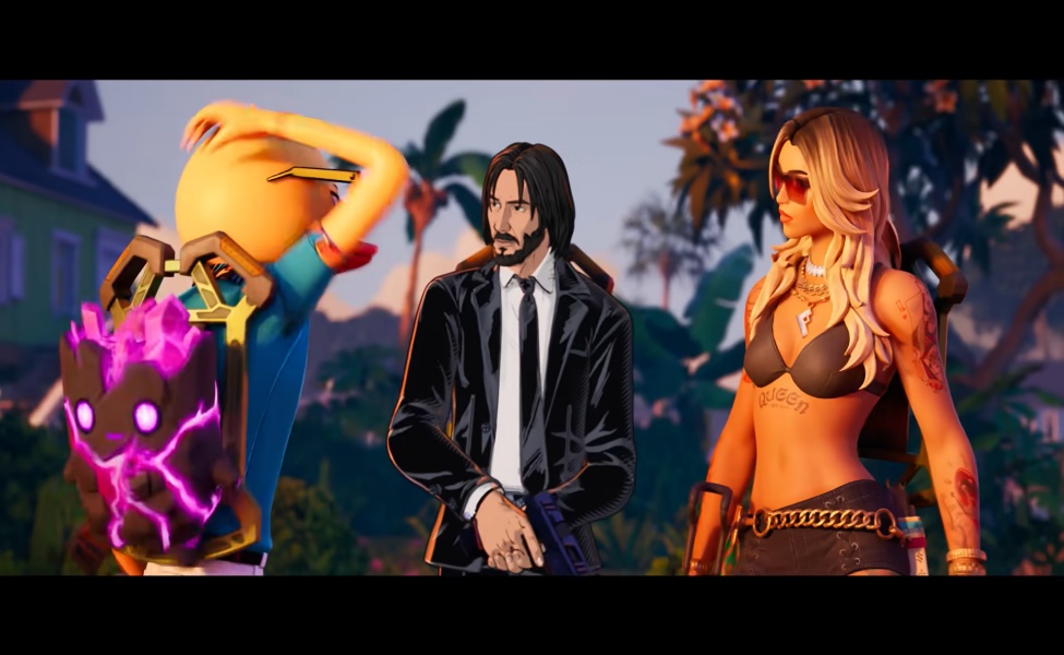 Fortnite Season 3 characters including man in black jacket and woman in orange outfit with glowing
