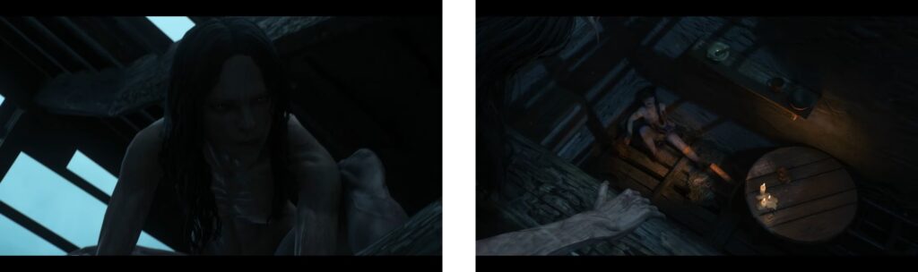 Woman in dark armor crouching in shadowy ruins with wooden structure