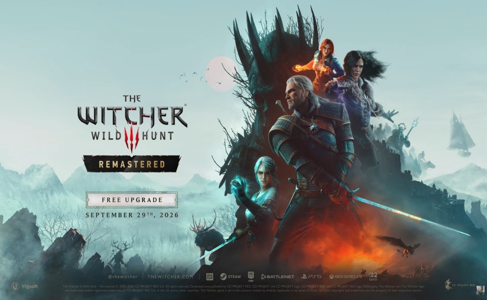 The Witcher 3 Wild Hunt Remastered promotional artwork featuring characters and release date